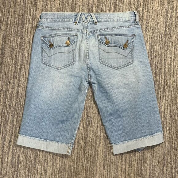 Vintage Mossimo Denim‎ Juniors 7 Bermuda Walking Denim Shorts Blue Big Buttons - Picture 1 of 9
